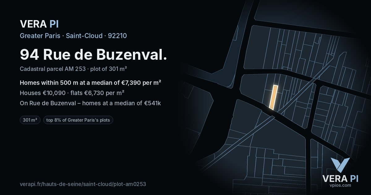 94 Rue de Buzenval, Saint-Cloud at night – the plot lit, the parcels around coloured by the prices near them