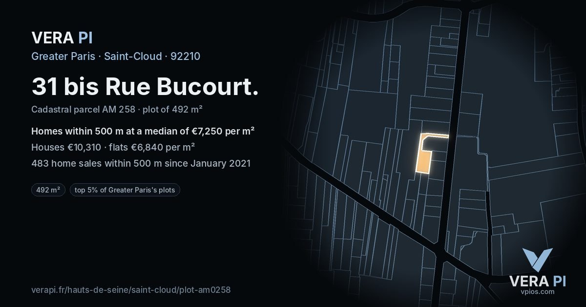 31 bis Rue Bucourt, Saint-Cloud at night – the plot lit, the parcels around coloured by the prices near them