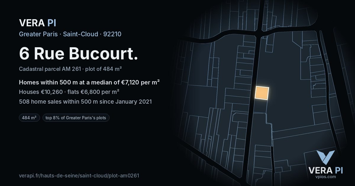 6 Rue Bucourt, Saint-Cloud at night – the plot lit, the parcels around coloured by the prices near them