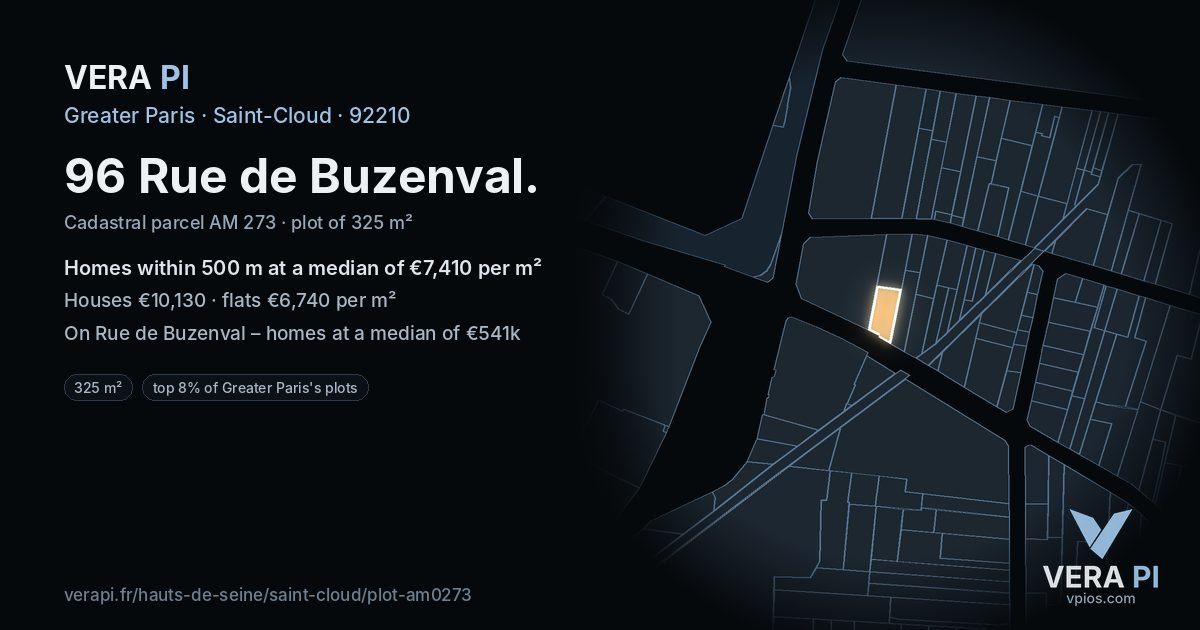 96 Rue de Buzenval, Saint-Cloud at night – the plot lit, the parcels around coloured by the prices near them