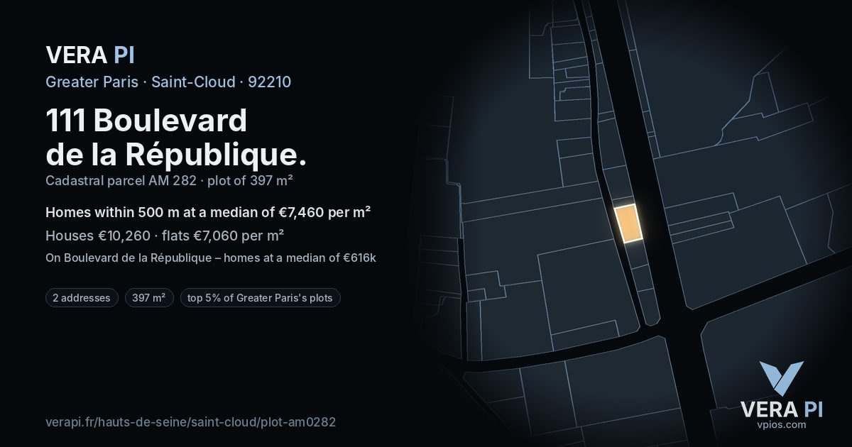 111 Boulevard de la République, Saint-Cloud at night – the plot lit, the parcels around coloured by the prices near them