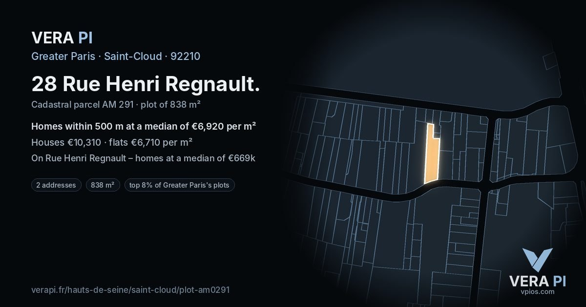 28 Rue Henri Regnault, Saint-Cloud at night – the plot lit, the parcels around coloured by the prices near them