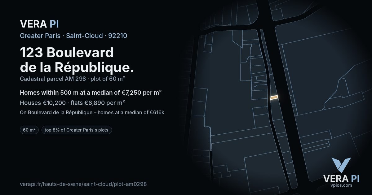 123 Boulevard de la République, Saint-Cloud at night – the plot lit, the parcels around coloured by the prices near them