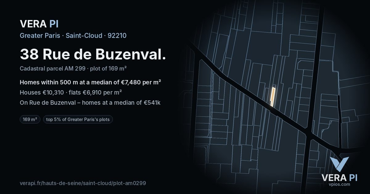 38 Rue de Buzenval, Saint-Cloud at night – the plot lit, the parcels around coloured by the prices near them