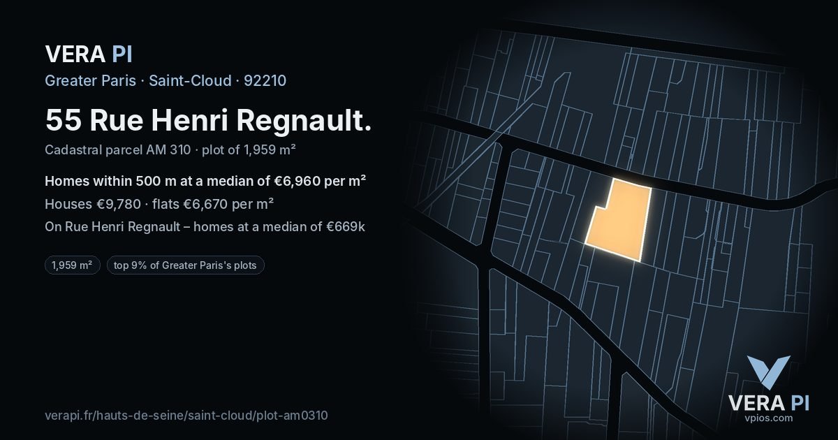 55 Rue Henri Regnault, Saint-Cloud at night – the plot lit, the parcels around coloured by the prices near them