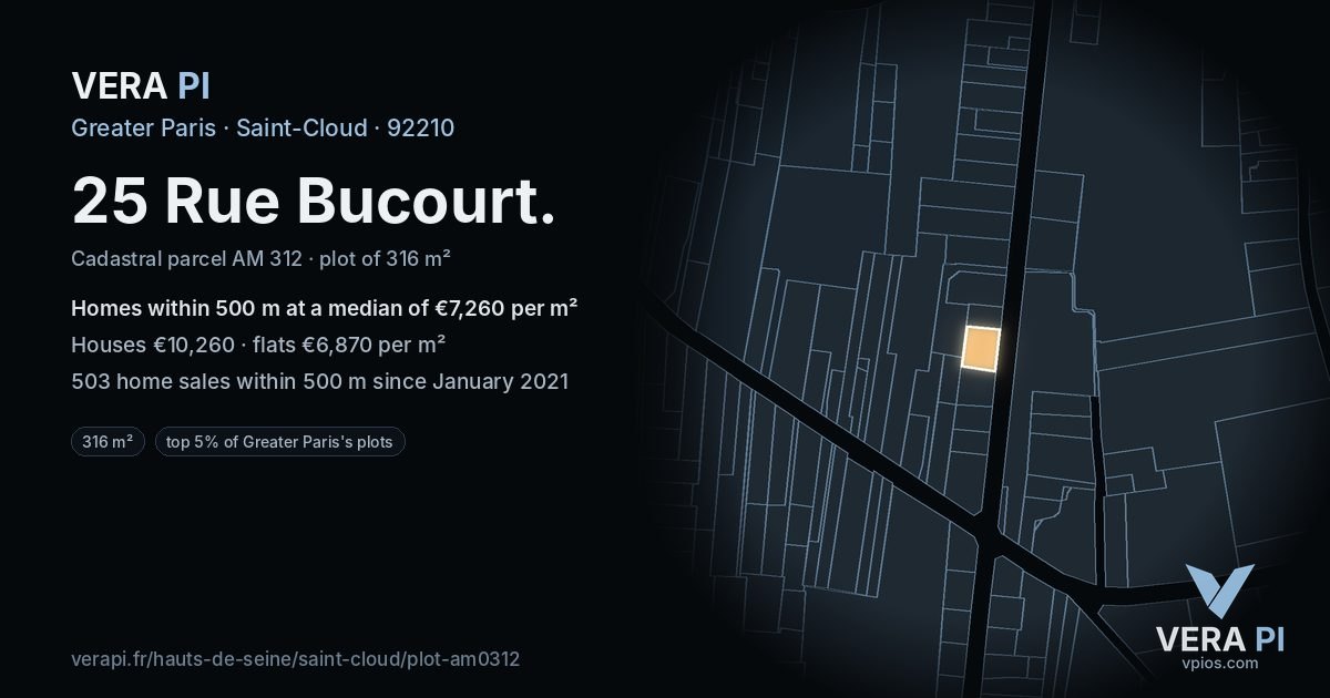 25 Rue Bucourt, Saint-Cloud at night – the plot lit, the parcels around coloured by the prices near them