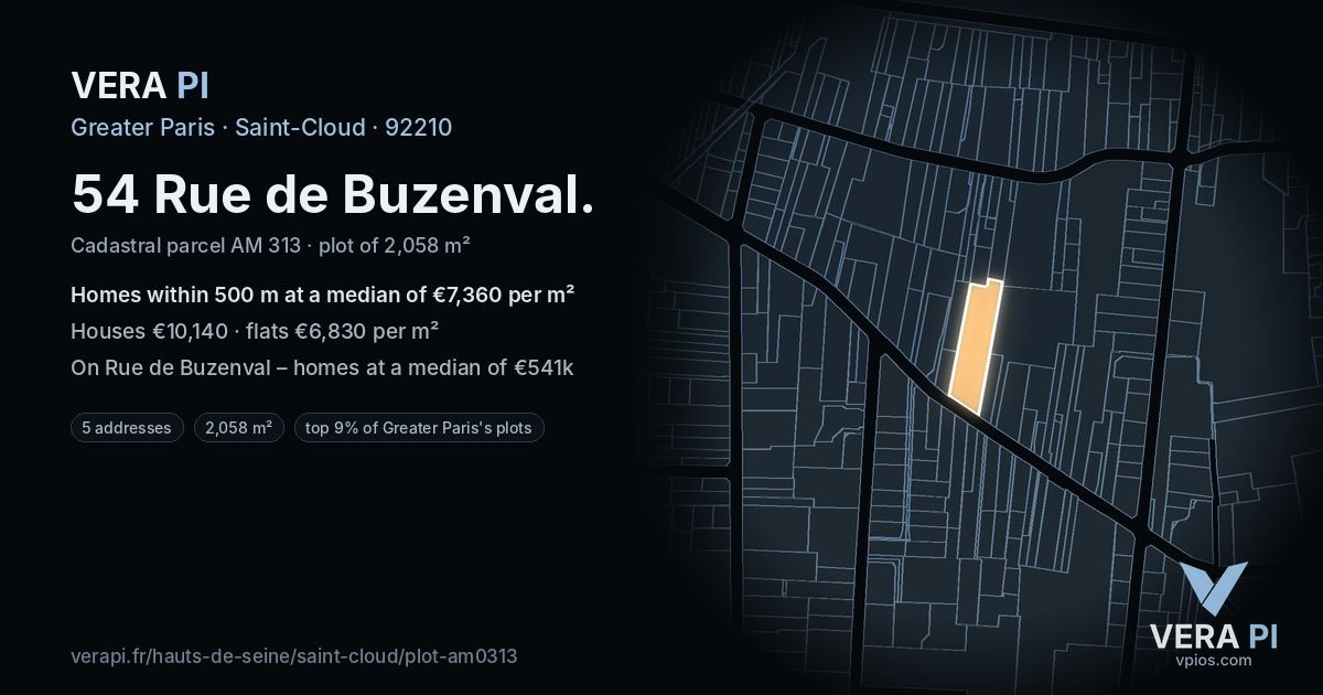 54 Rue de Buzenval, Saint-Cloud at night – the plot lit, the parcels around coloured by the prices near them