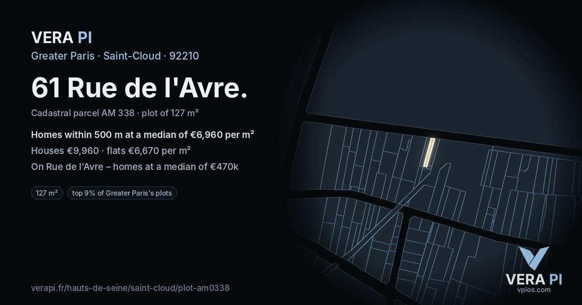 61 Rue de l'Avre, Saint-Cloud at night – the plot lit, the parcels around coloured by the prices near them