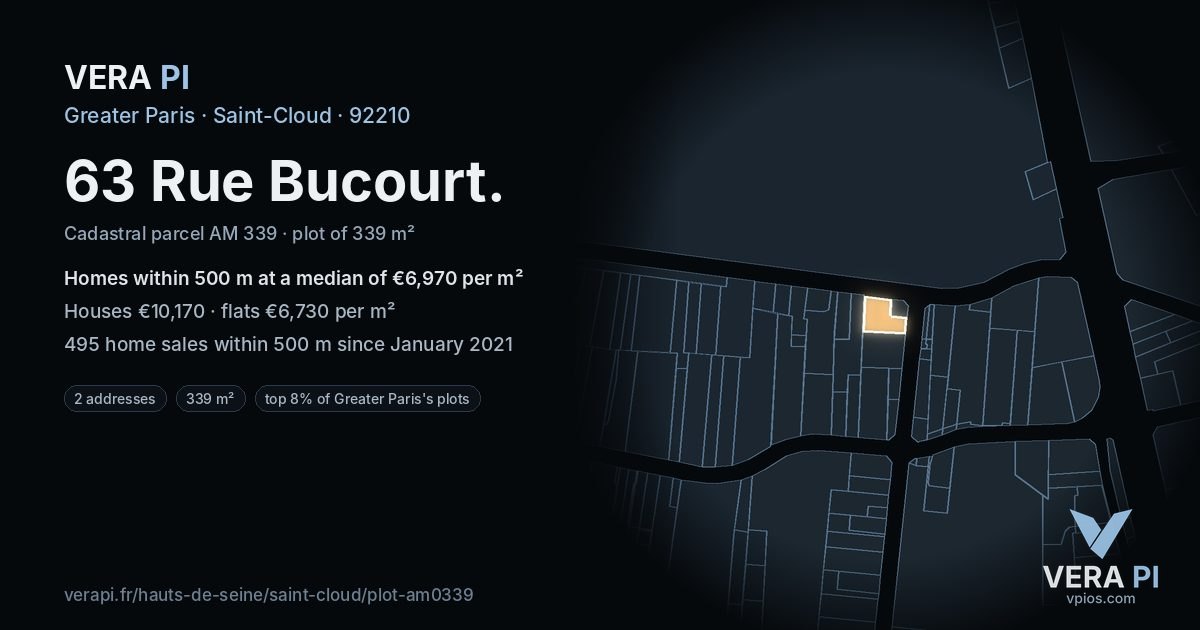 63 Rue Bucourt, Saint-Cloud at night – the plot lit, the parcels around coloured by the prices near them