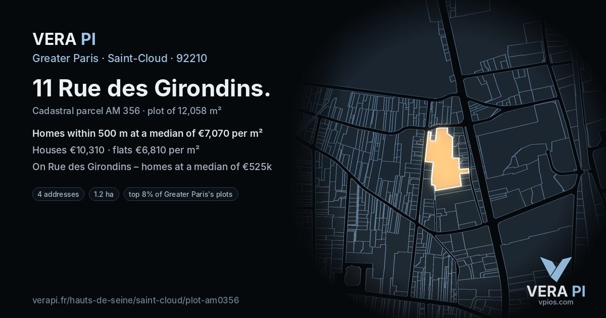 11 Rue des Girondins, Saint-Cloud at night – the plot lit, the parcels around coloured by the prices near them