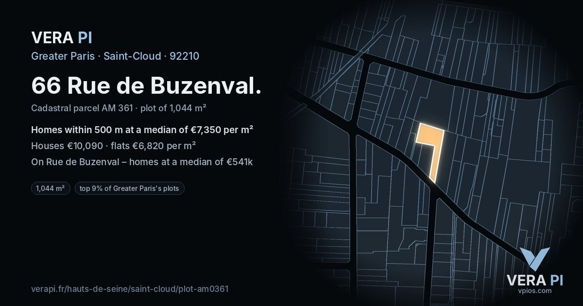 66 Rue de Buzenval, Saint-Cloud at night – the plot lit, the parcels around coloured by the prices near them