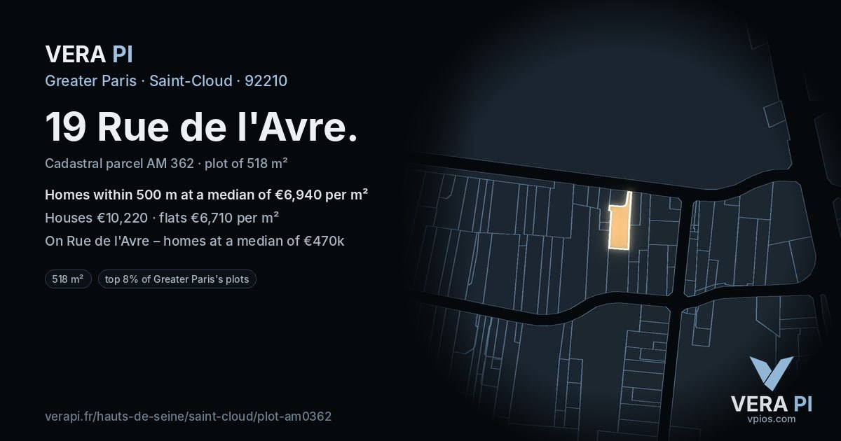 19 Rue de l'Avre, Saint-Cloud at night – the plot lit, the parcels around coloured by the prices near them
