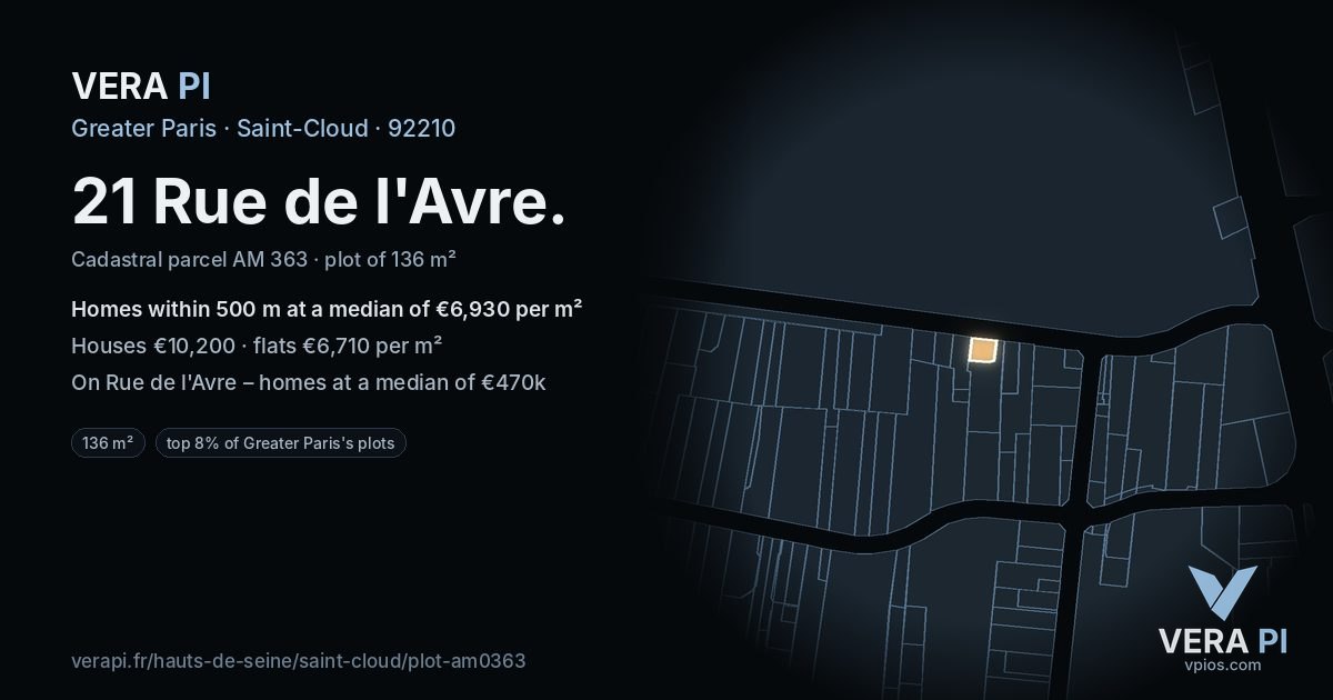 21 Rue de l'Avre, Saint-Cloud at night – the plot lit, the parcels around coloured by the prices near them