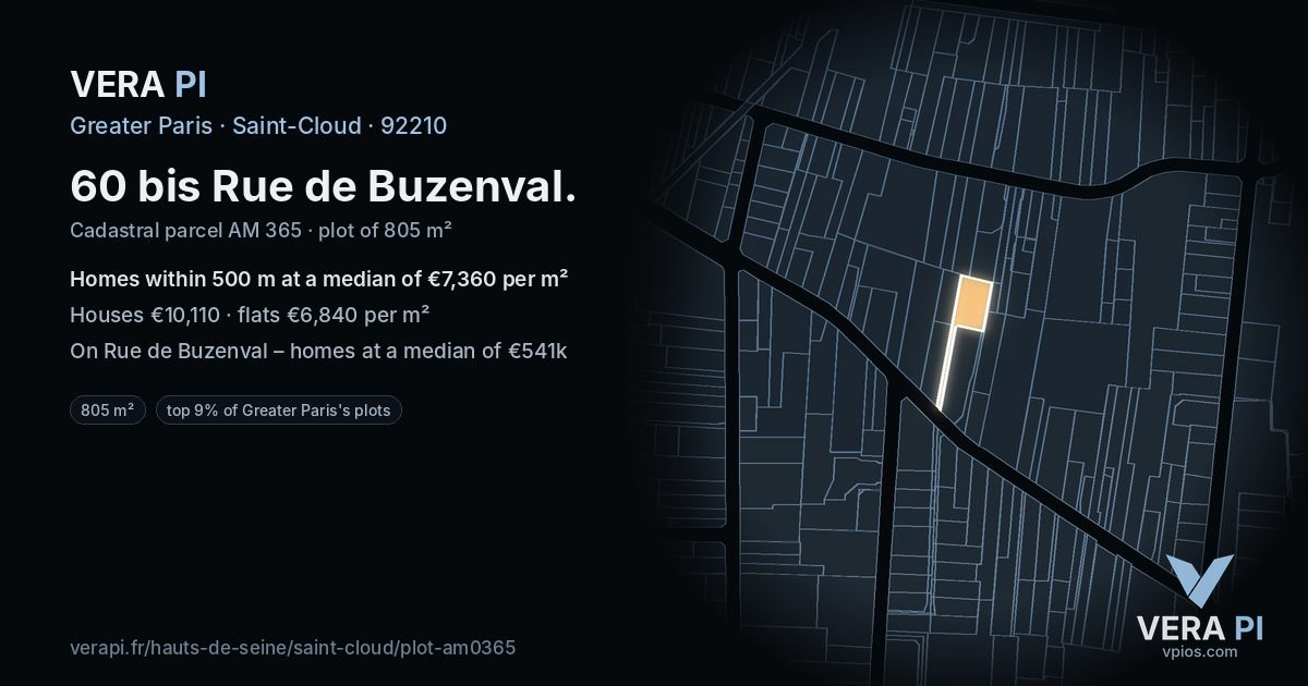 60 bis Rue de Buzenval, Saint-Cloud at night – the plot lit, the parcels around coloured by the prices near them