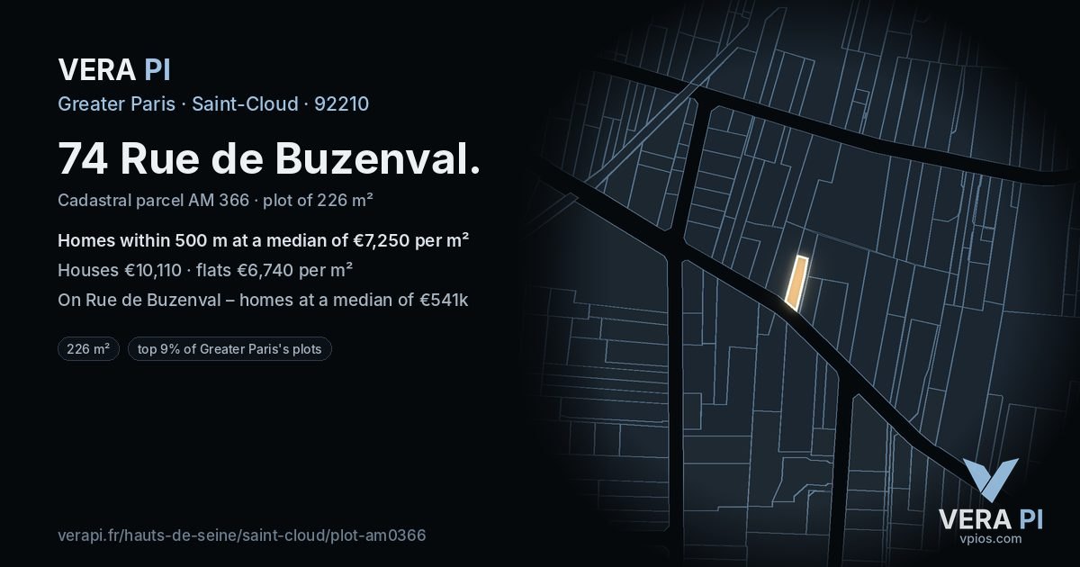 74 Rue de Buzenval, Saint-Cloud at night – the plot lit, the parcels around coloured by the prices near them