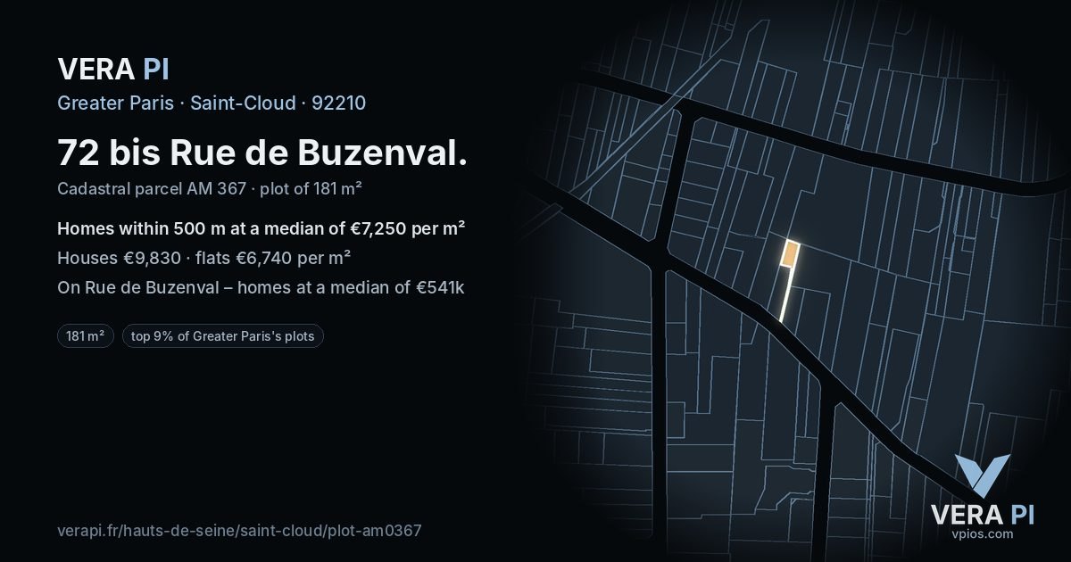 72 bis Rue de Buzenval, Saint-Cloud at night – the plot lit, the parcels around coloured by the prices near them