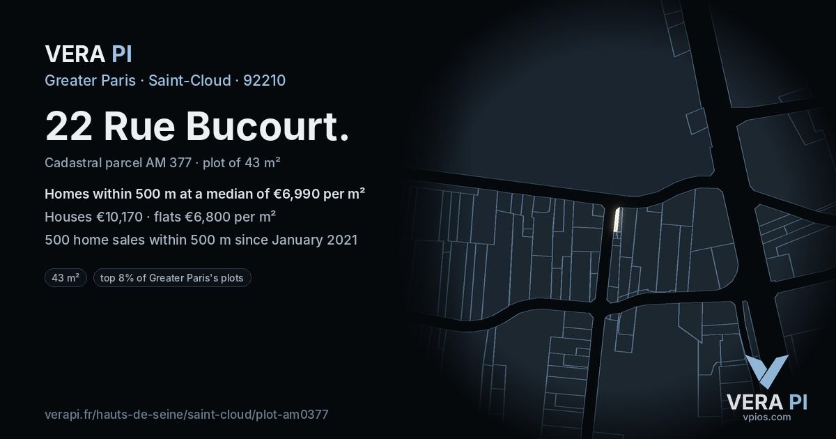 22 Rue Bucourt, Saint-Cloud at night – the plot lit, the parcels around coloured by the prices near them
