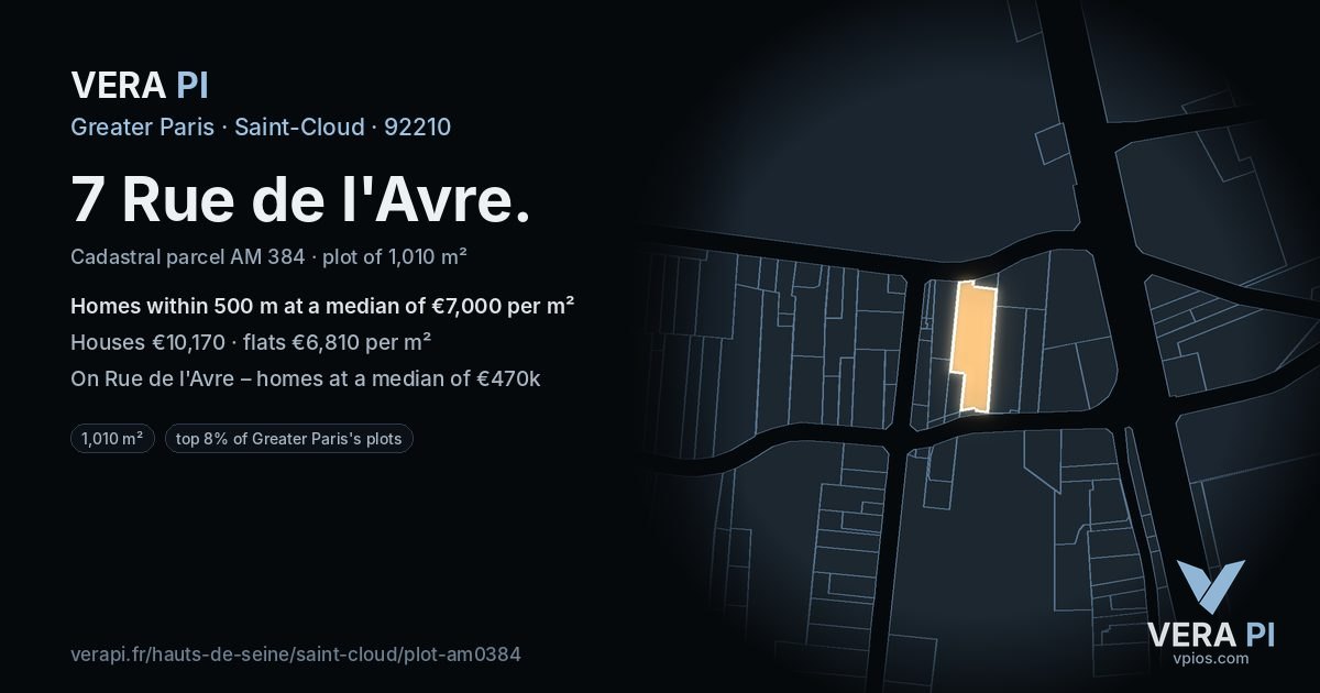 7 Rue de l'Avre, Saint-Cloud at night – the plot lit, the parcels around coloured by the prices near them