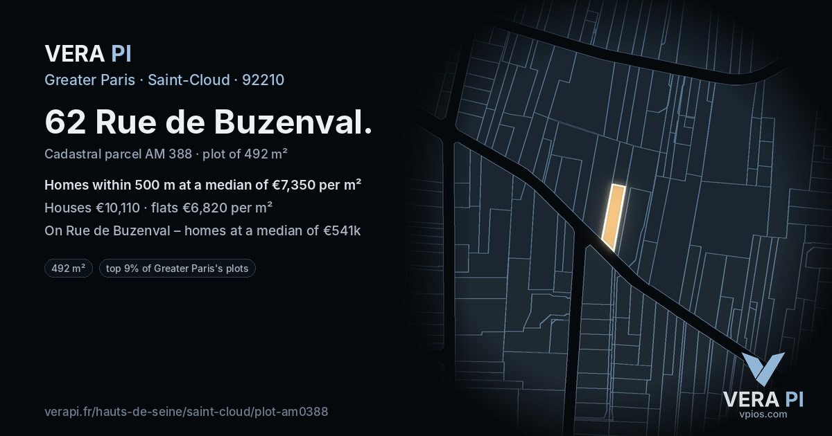 62 Rue de Buzenval, Saint-Cloud at night – the plot lit, the parcels around coloured by the prices near them