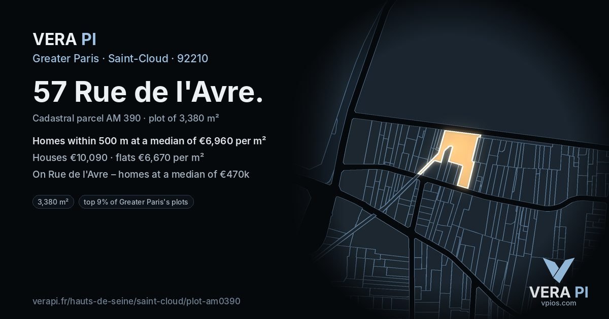 57 Rue de l'Avre, Saint-Cloud at night – the plot lit, the parcels around coloured by the prices near them