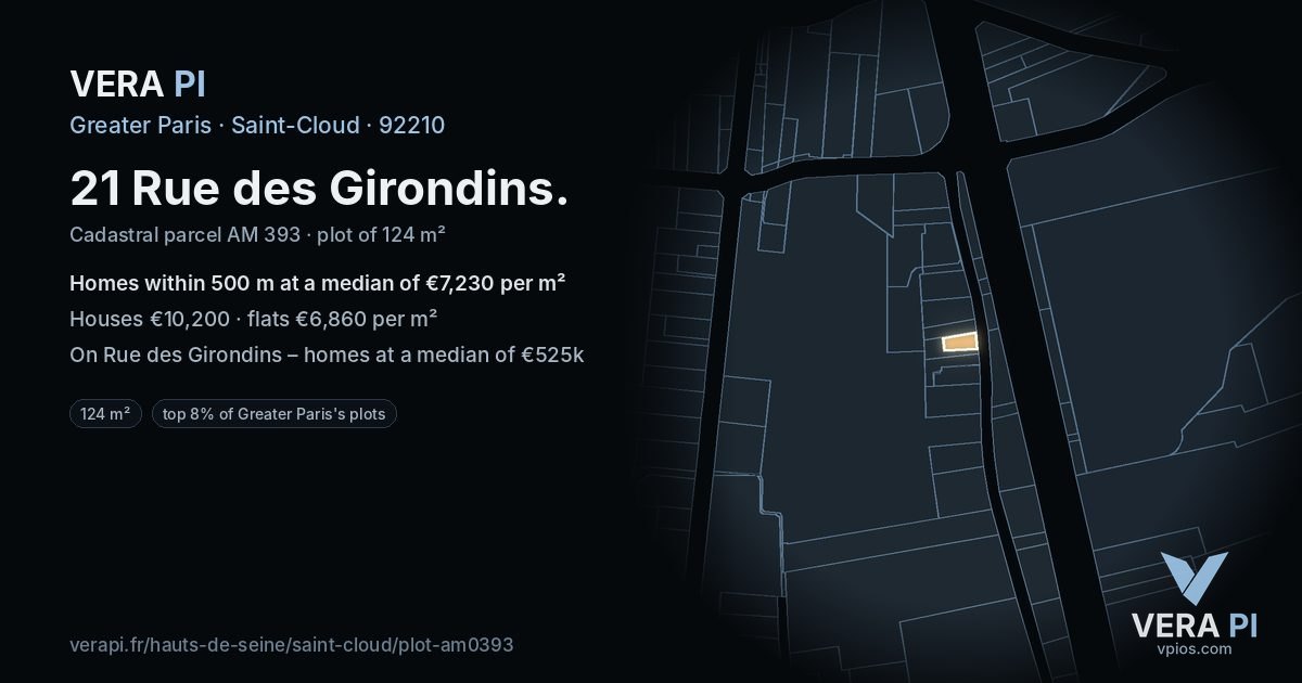 21 Rue des Girondins, Saint-Cloud at night – the plot lit, the parcels around coloured by the prices near them