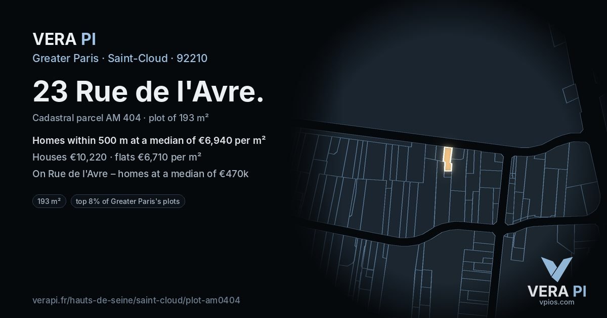 23 Rue de l'Avre, Saint-Cloud at night – the plot lit, the parcels around coloured by the prices near them