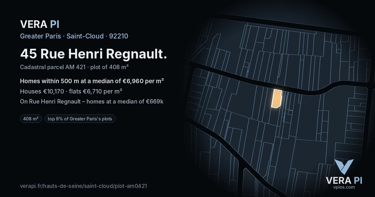 45 Rue Henri Regnault, Saint-Cloud at night – the plot lit, the parcels around coloured by the prices near them