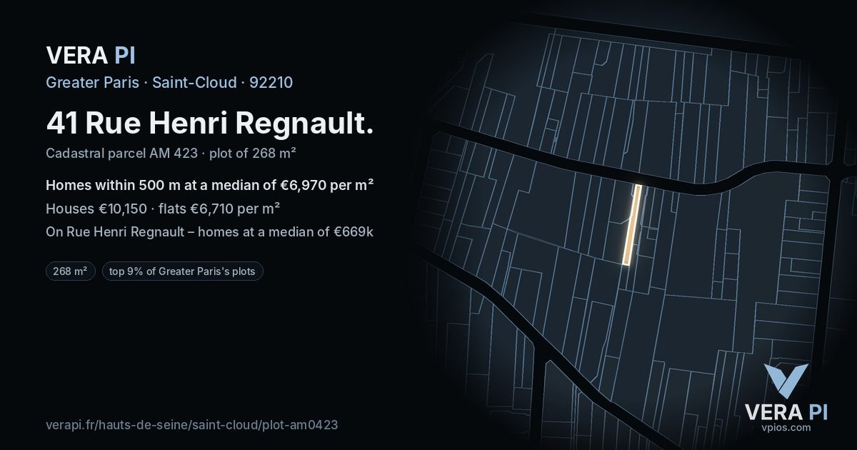 41 Rue Henri Regnault, Saint-Cloud at night – the plot lit, the parcels around coloured by the prices near them
