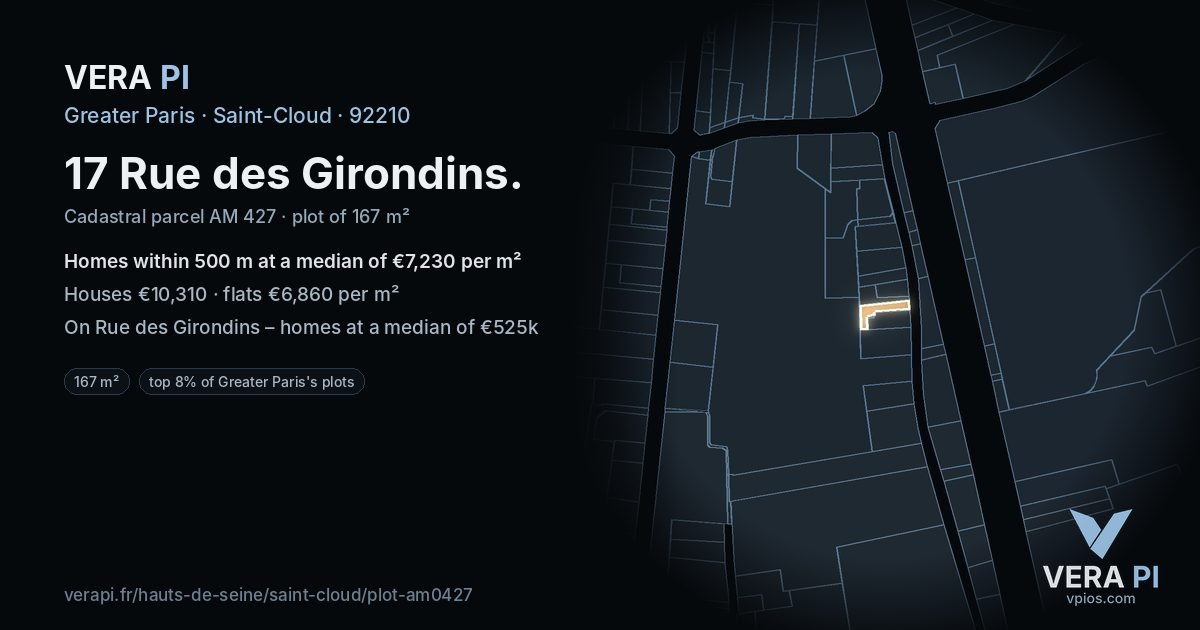 17 Rue des Girondins, Saint-Cloud at night – the plot lit, the parcels around coloured by the prices near them