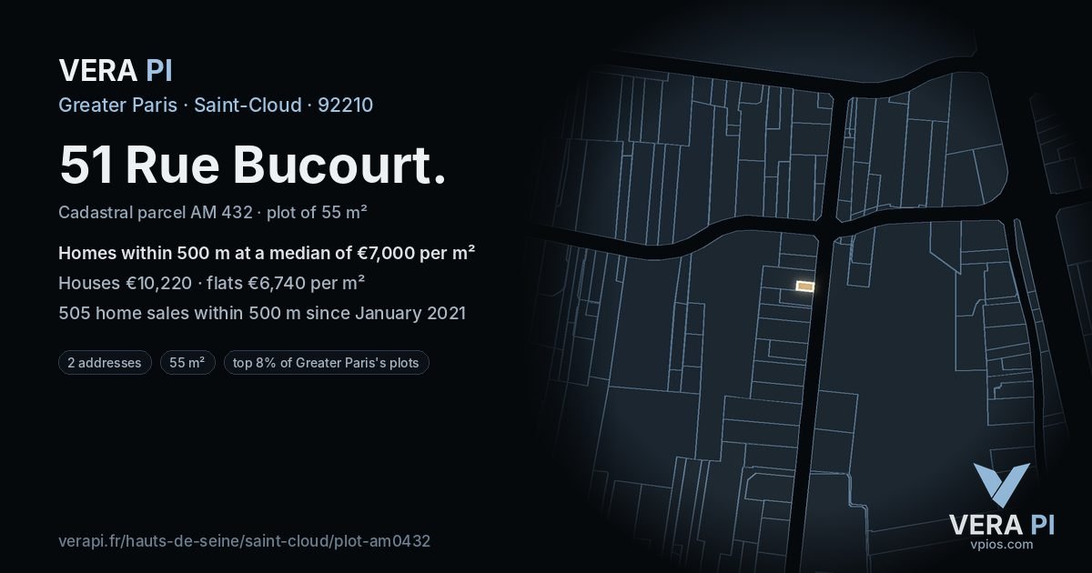 51 Rue Bucourt, Saint-Cloud at night – the plot lit, the parcels around coloured by the prices near them