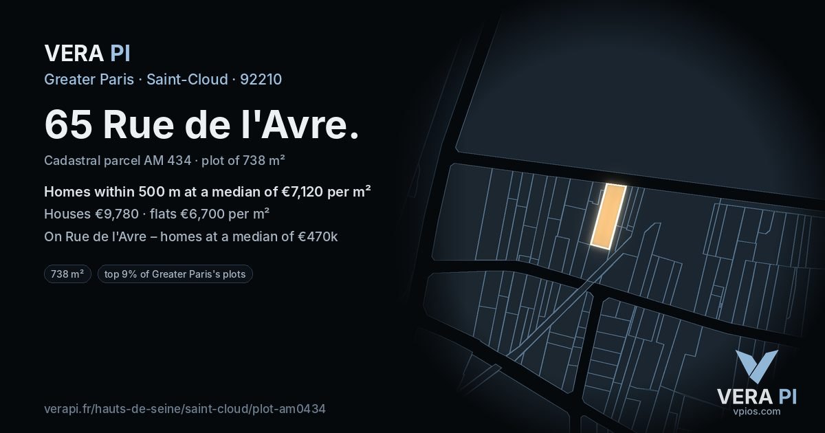 65 Rue de l'Avre, Saint-Cloud at night – the plot lit, the parcels around coloured by the prices near them