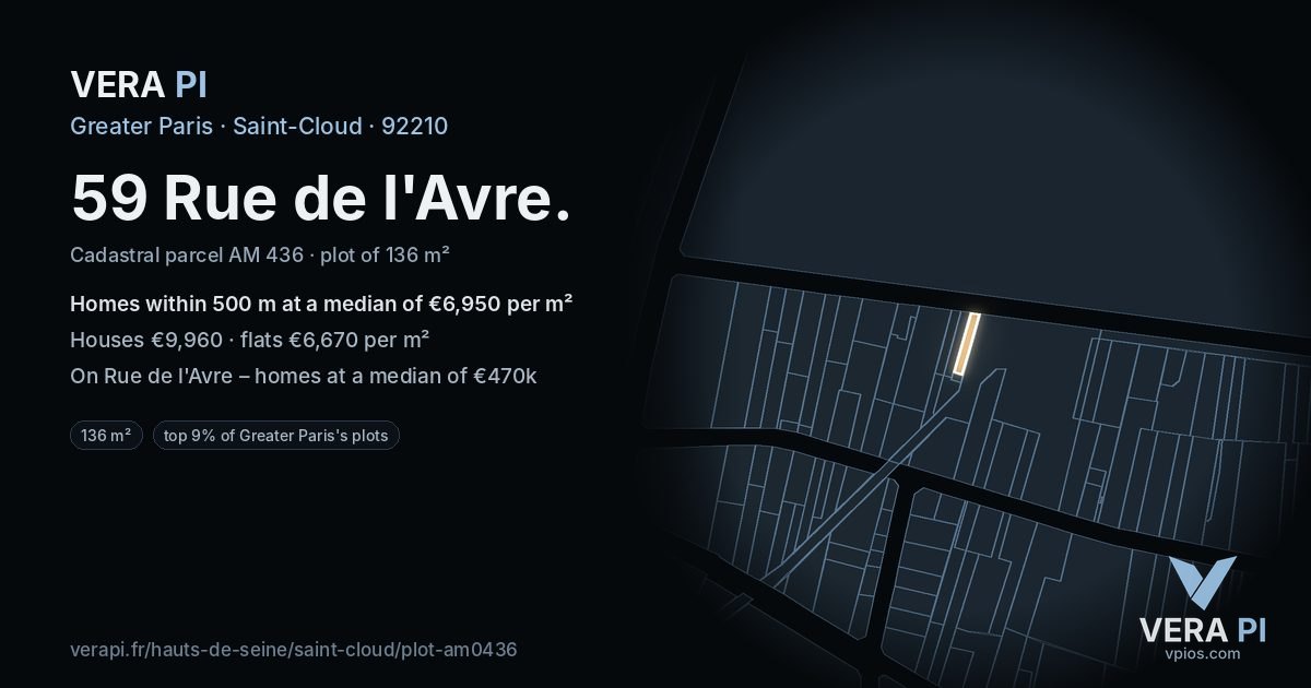 59 Rue de l'Avre, Saint-Cloud at night – the plot lit, the parcels around coloured by the prices near them