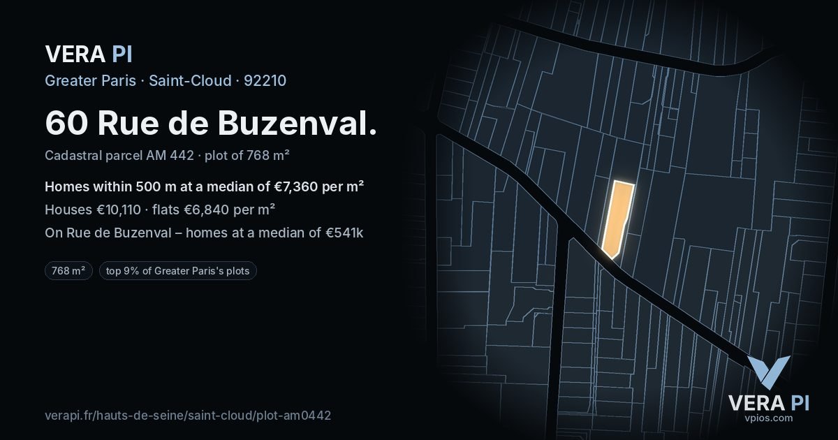60 Rue de Buzenval, Saint-Cloud at night – the plot lit, the parcels around coloured by the prices near them