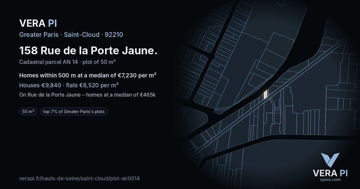 158 Rue de la Porte Jaune, Saint-Cloud at night – the plot lit, the parcels around coloured by the prices near them