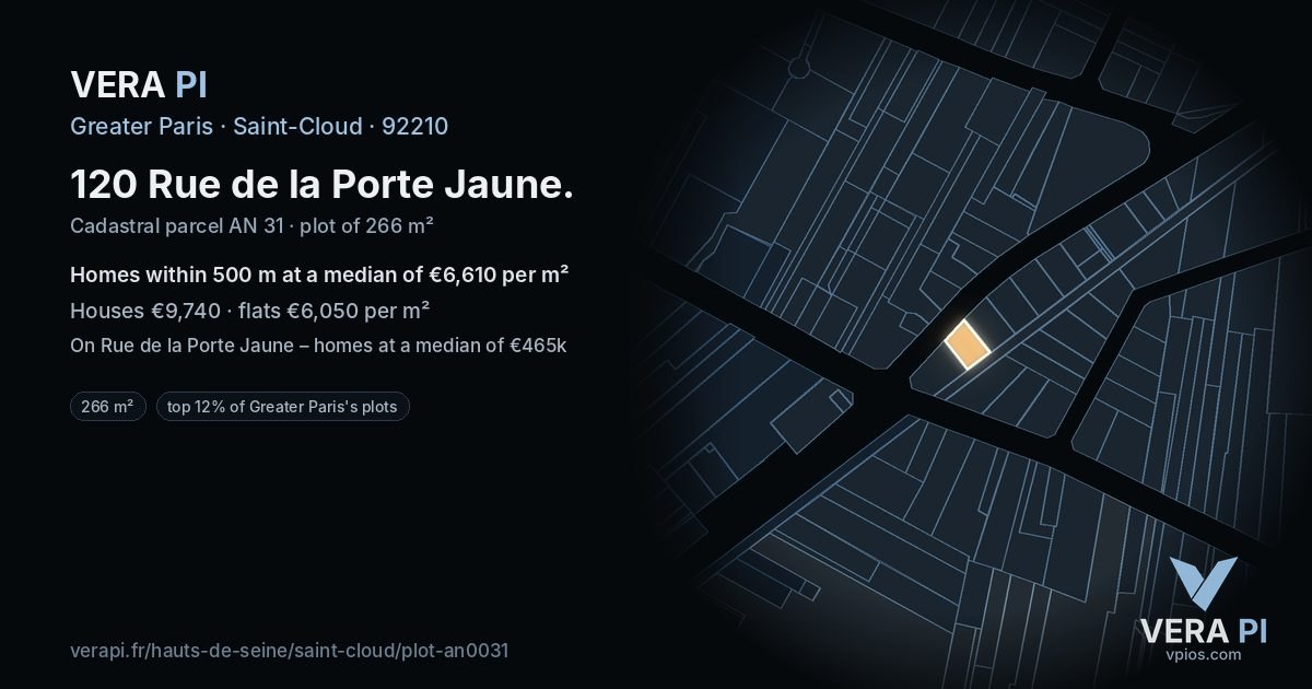 120 Rue de la Porte Jaune, Saint-Cloud at night – the plot lit, the parcels around coloured by the prices near them