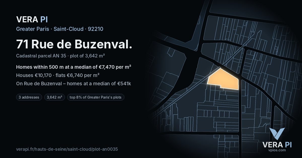 71 Rue de Buzenval, Saint-Cloud at night – the plot lit, the parcels around coloured by the prices near them