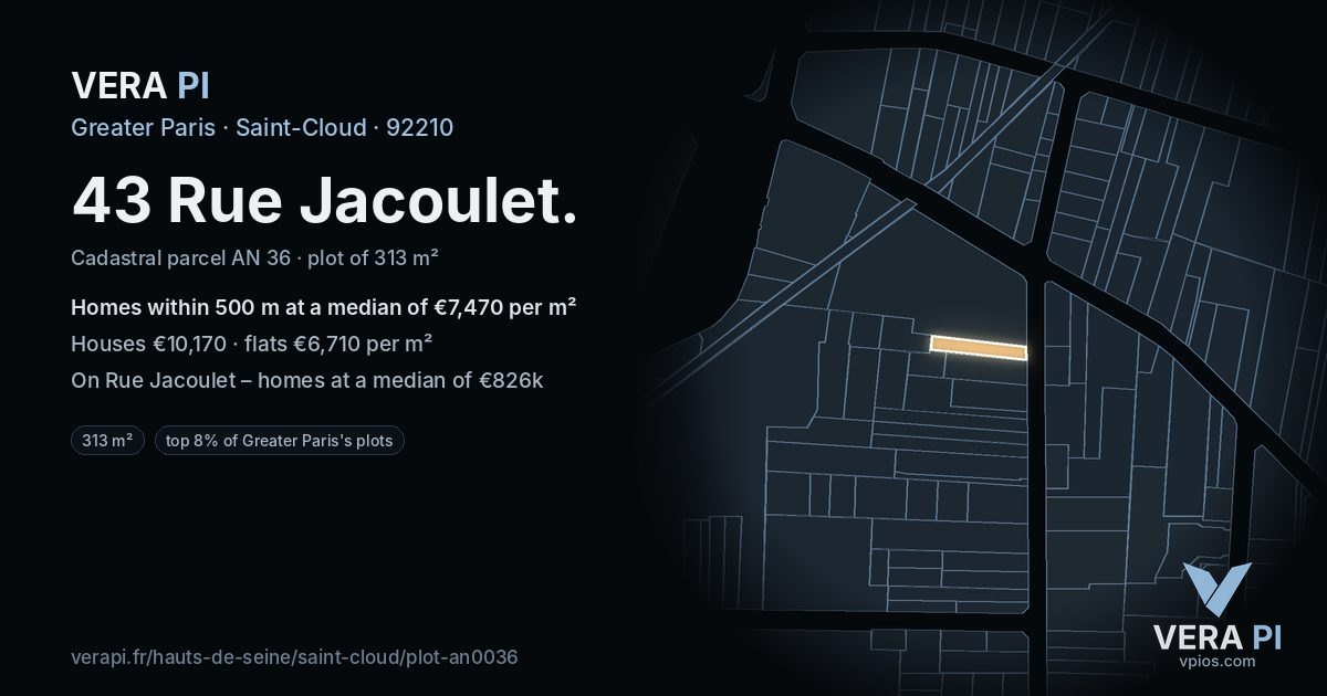 43 Rue Jacoulet, Saint-Cloud at night – the plot lit, the parcels around coloured by the prices near them