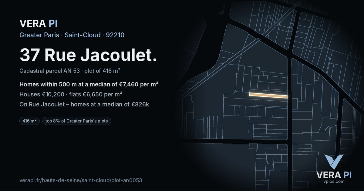 37 Rue Jacoulet, Saint-Cloud at night – the plot lit, the parcels around coloured by the prices near them