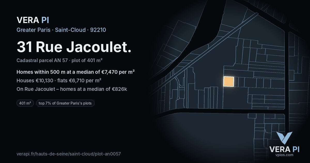 31 Rue Jacoulet, Saint-Cloud at night – the plot lit, the parcels around coloured by the prices near them