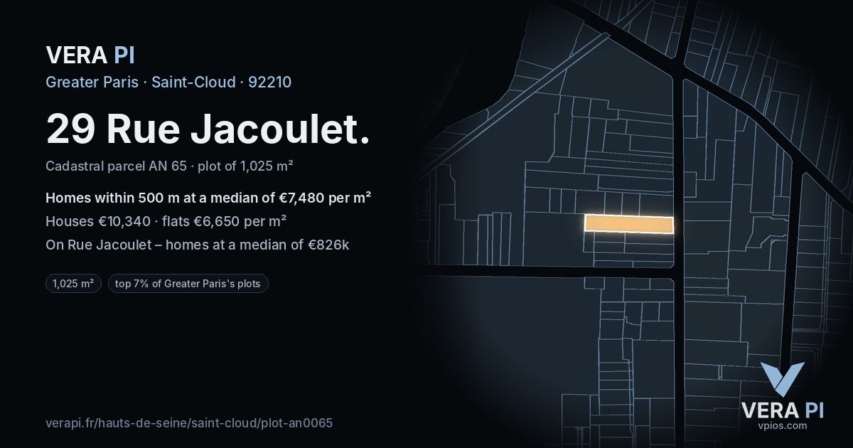 29 Rue Jacoulet, Saint-Cloud at night – the plot lit, the parcels around coloured by the prices near them