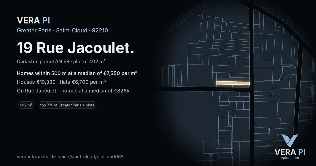 19 Rue Jacoulet, Saint-Cloud at night – the plot lit, the parcels around coloured by the prices near them
