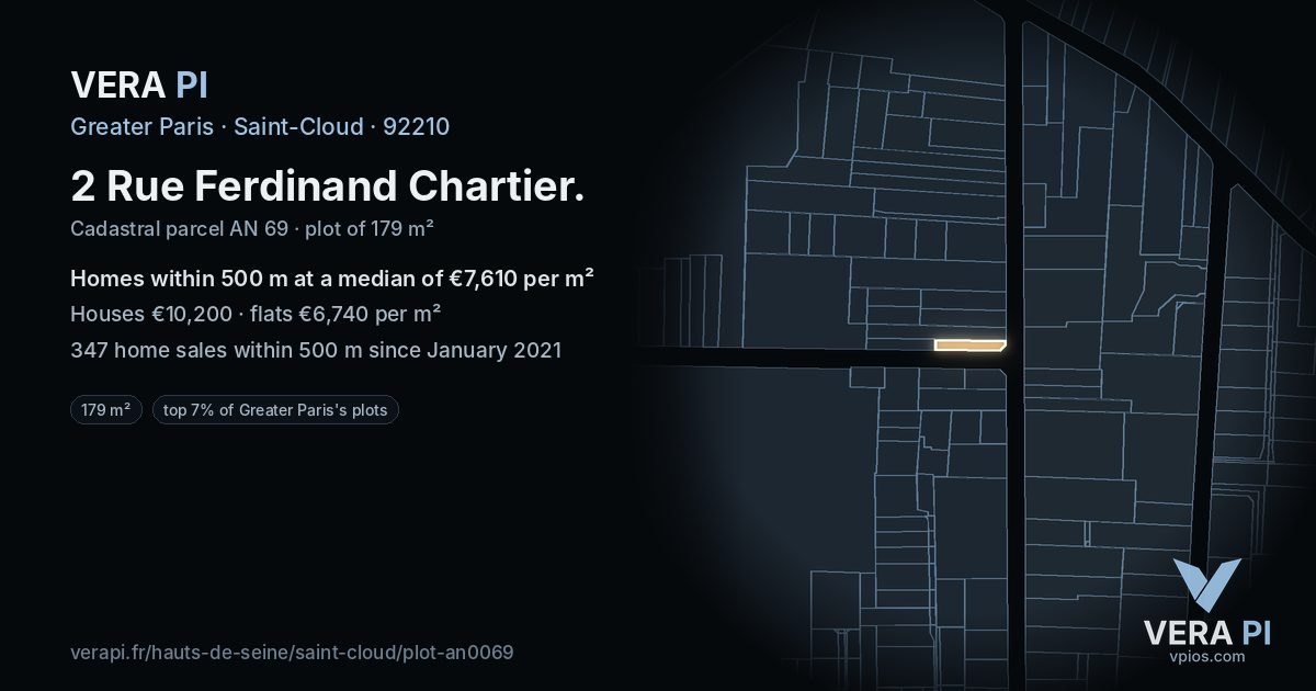 2 Rue Ferdinand Chartier, Saint-Cloud at night – the plot lit, the parcels around coloured by the prices near them
