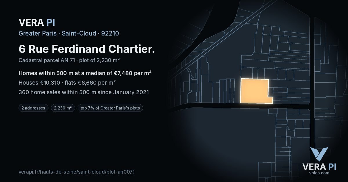 6 Rue Ferdinand Chartier, Saint-Cloud at night – the plot lit, the parcels around coloured by the prices near them