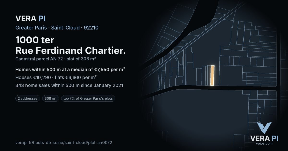 1000 ter Rue Ferdinand Chartier, Saint-Cloud at night – the plot lit, the parcels around coloured by the prices near them