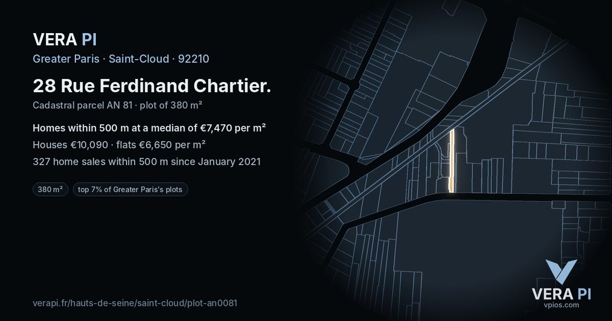 28 Rue Ferdinand Chartier, Saint-Cloud at night – the plot lit, the parcels around coloured by the prices near them