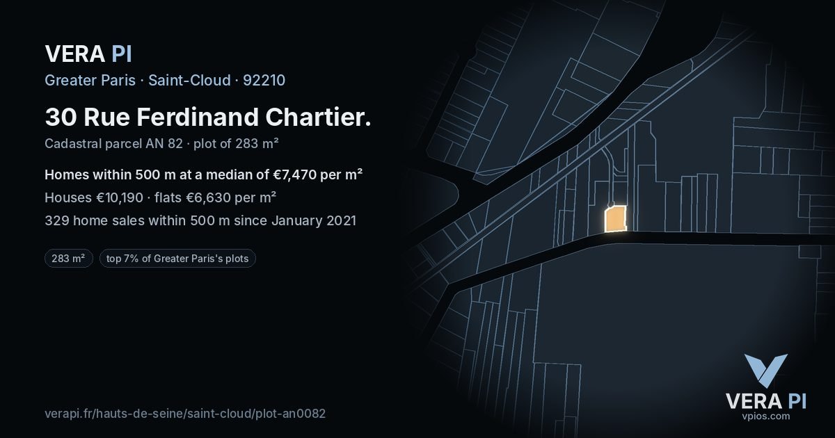 30 Rue Ferdinand Chartier, Saint-Cloud at night – the plot lit, the parcels around coloured by the prices near them