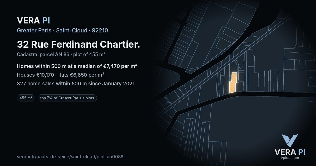 32 Rue Ferdinand Chartier, Saint-Cloud at night – the plot lit, the parcels around coloured by the prices near them