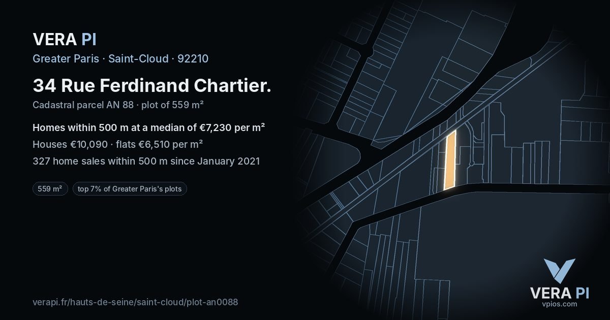 34 Rue Ferdinand Chartier, Saint-Cloud at night – the plot lit, the parcels around coloured by the prices near them