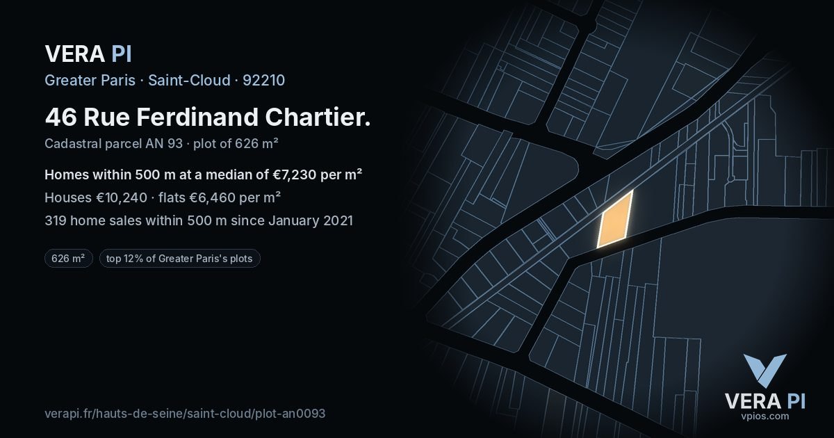46 Rue Ferdinand Chartier, Saint-Cloud at night – the plot lit, the parcels around coloured by the prices near them
