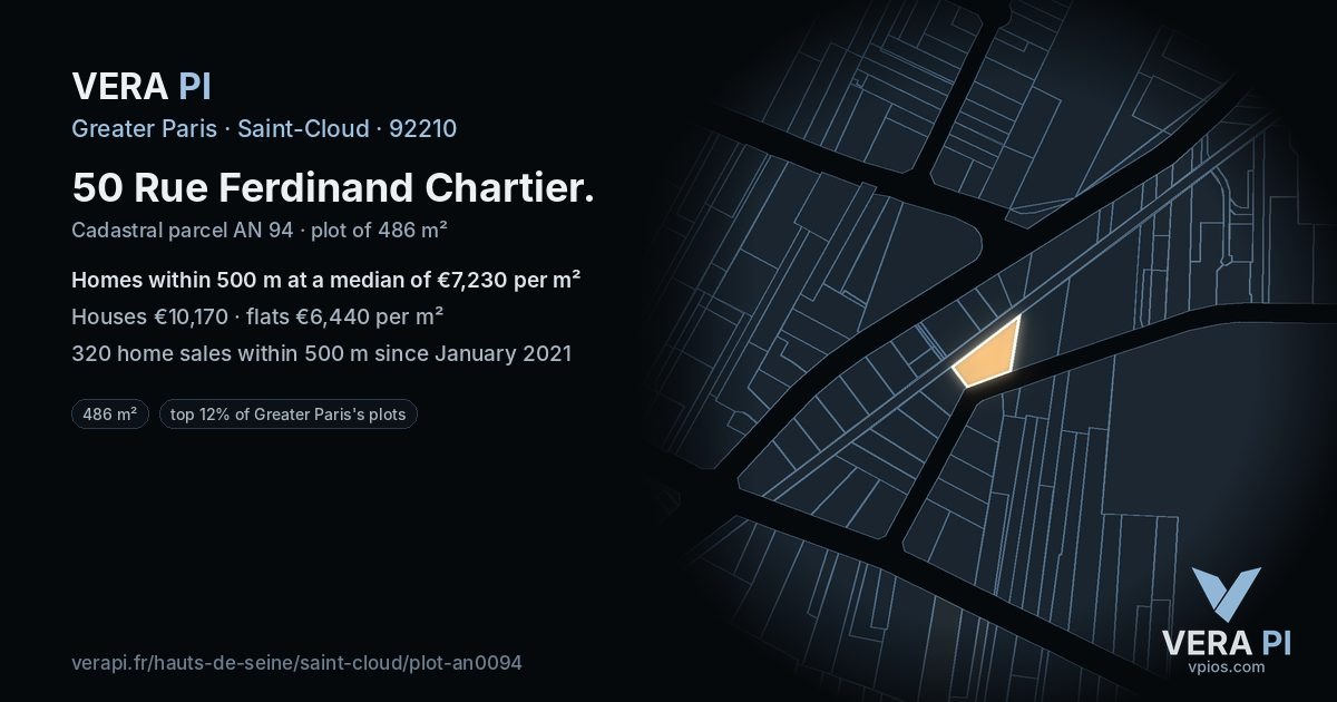 50 Rue Ferdinand Chartier, Saint-Cloud at night – the plot lit, the parcels around coloured by the prices near them